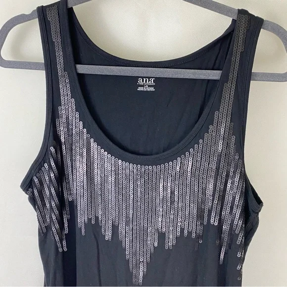 ANA Black Sequin Accent Sleeveless Stretch knit Tank Top L - Picture 7 of 8